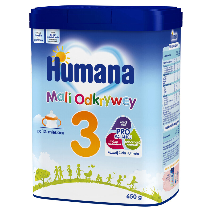 Set Humana 3 Little Explorers, bevanda al latte in polvere, dopo 12 mesi, 2 x 650 g + Benelife Vitamina D3, 5,5 ml in omaggio