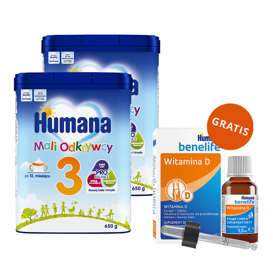 Set Humana 3 Little Explorers, bevanda al latte in polvere, dopo 12 mesi, 2 x 650 g + Benelife Vitamina D3, 5,5 ml in omaggio