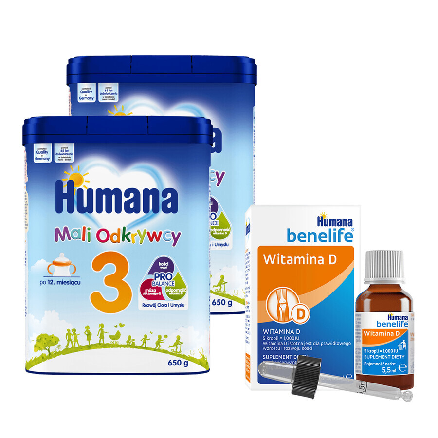 Set Humana 3 Little Explorers, bevanda al latte in polvere, dopo 12 mesi, 2 x 650 g + Benelife Vitamina D3, 5,5 ml in omaggio