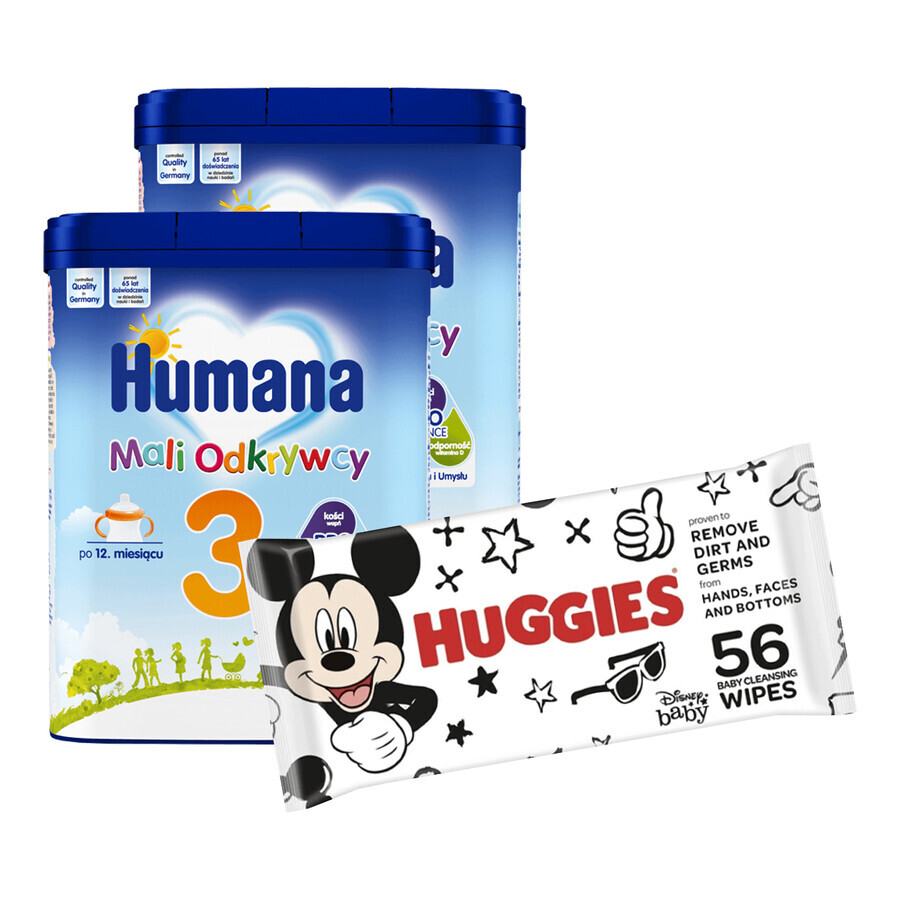 Humana 3 Little Explorers Milk Powder Set After 12 Months 2 x 650g + Wet Wipes 56 Free