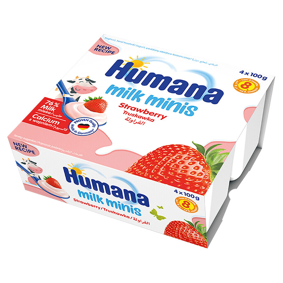 Humana Milk Minis dessert allo yogurt al gusto di fragola, dopo 8 mesi, 4 x 100 g