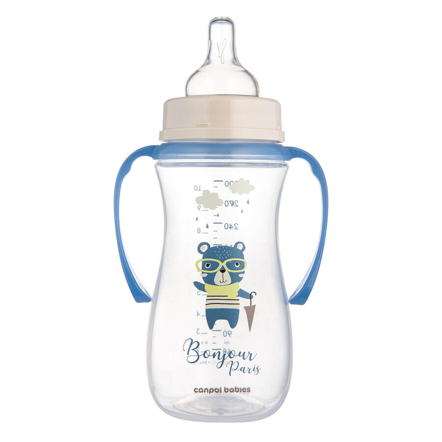 Canpol Babies Easy Start, biberon anticolica, bocca larga, con manici, Bonjur Paris, blu, da 12 mesi, 300 ml