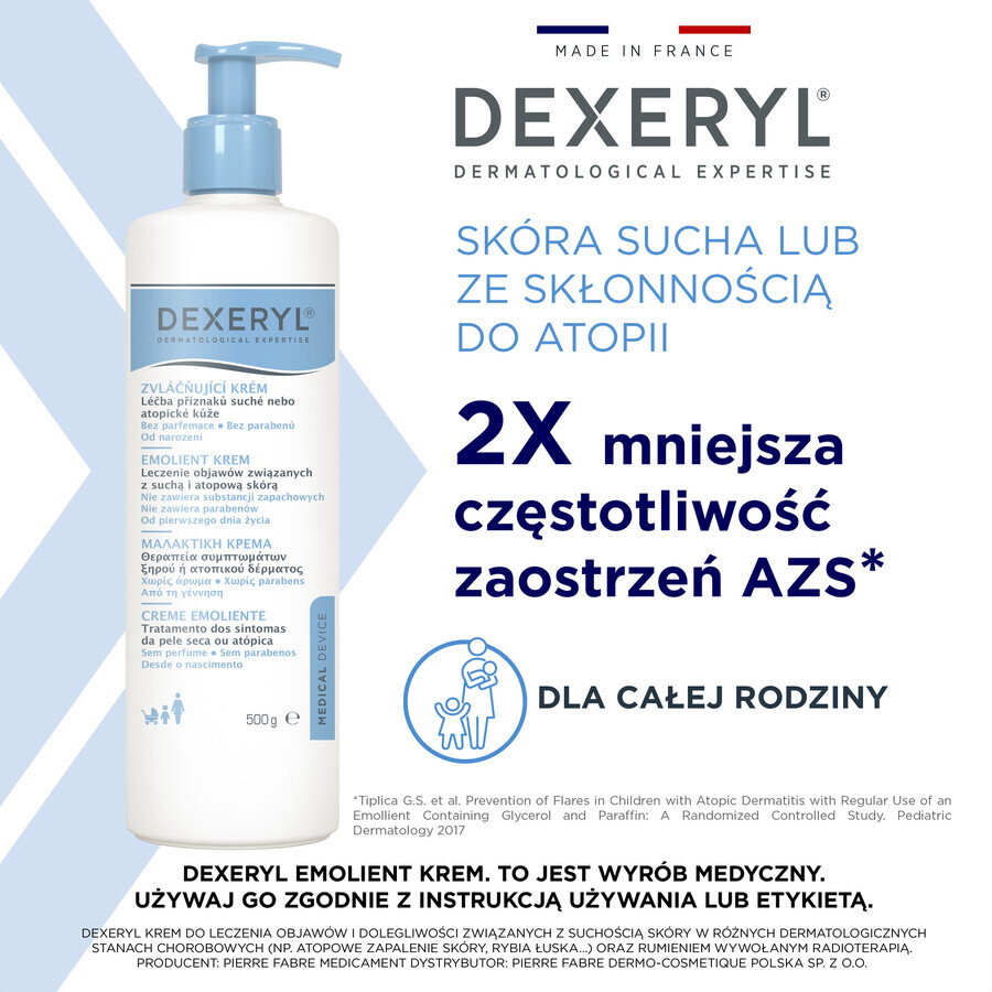 Dexeryl, crema emolliente per pelle secca, 500 g