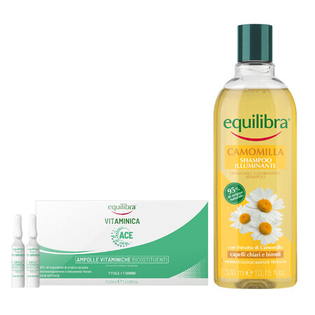 Set Equilibra Vitaminica Ace, fiale vitaminiche ricostituenti, 2,5 ml x 7 fiale + Camomila, shampoo illuminante alla camomilla, 300 ml