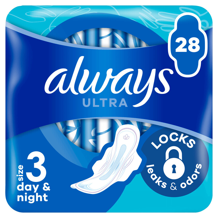 Always Ultra Winged Sanitary Napkins, Size 3, Day & Night, 28 Count