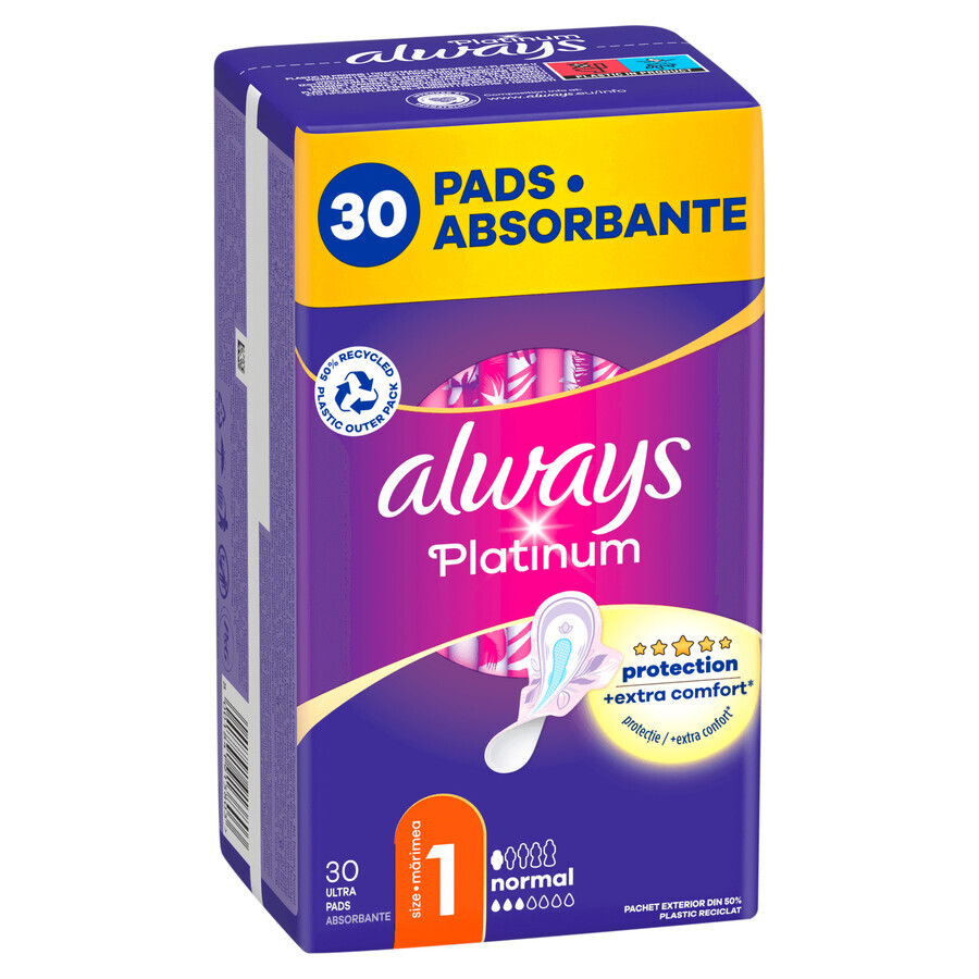 Always Platinum Winged Sanitary Napkins, Size 1, Normal, 30 pcs