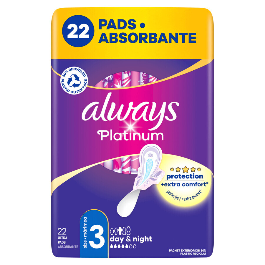 Always Platinum Winged Sanitary Napkins, Size 3, Day & Night, 22 Count