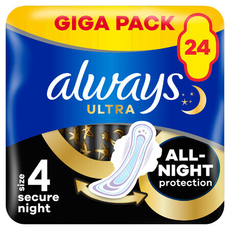 Always Ultra Sanitary Napkins with Wings, Size 4, Secure Night, 24 pcs