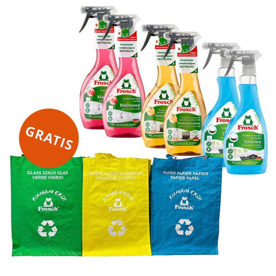 Frosch set, kalkverwijderaar, 2 x 500 ml + reiniger, 2 x 500 ml + keukenreiniger, 2 x 500 ml + recyclezakjes, 3 gratis