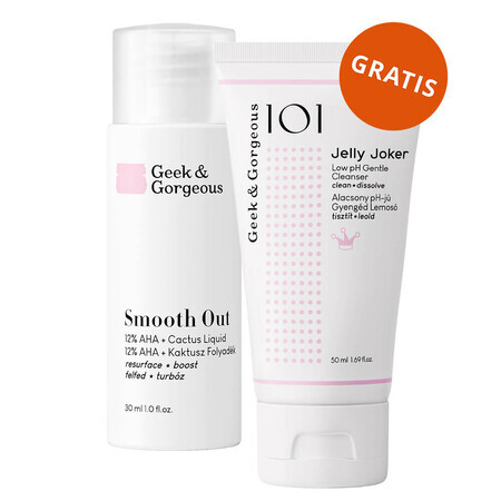 Geek &amp; Gorgeous Smooth Out, powerful exfoliator with 12% AHA acids and soothing prickly pear, 30ml + Jelly Joker, gentle facial cleansing gel, 50ml free