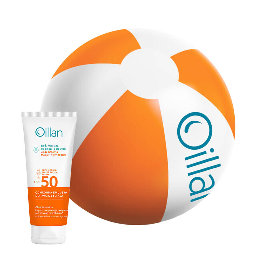 Oillan Sun, emulsie protectoare pentru față și corp, SPF 50, 100 ml + minge de plajă gratuită