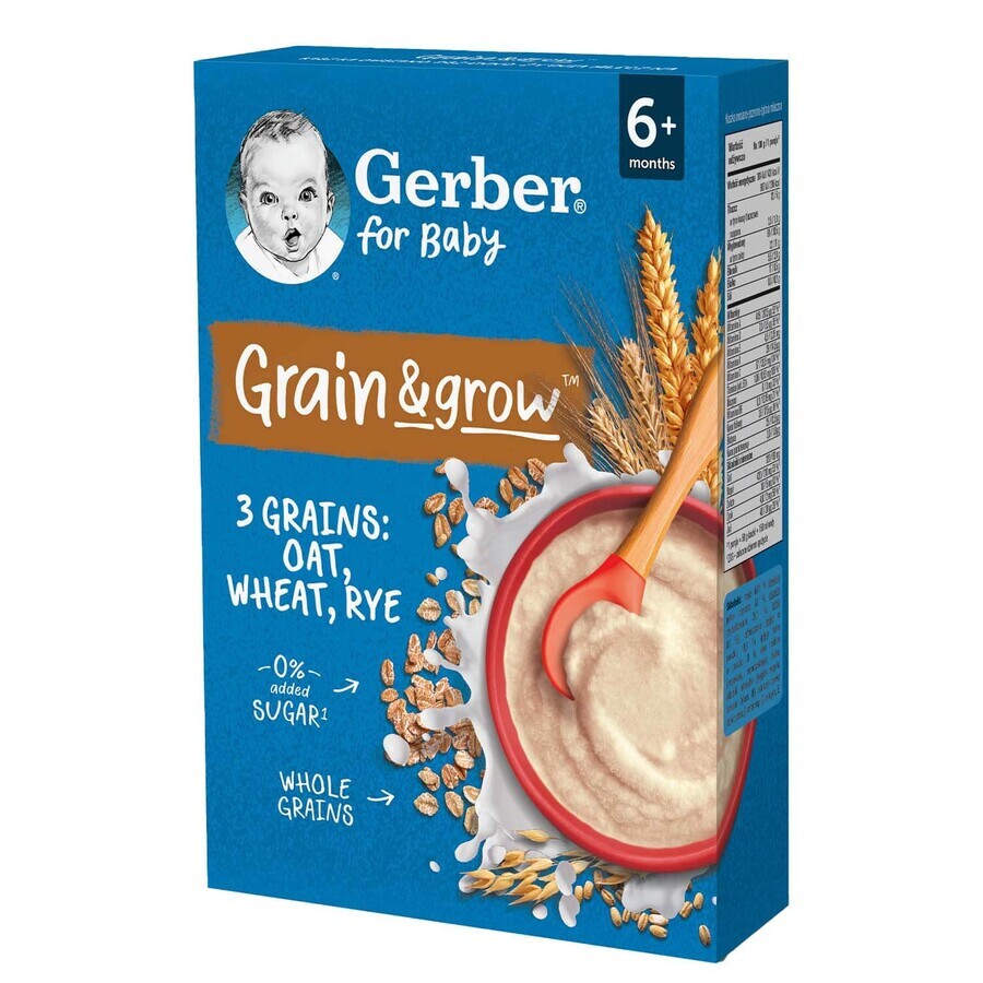 Gerber Grain &amp; Grow Porridge d'avoine, de blé et de seigle, lait, sans sucre ajouté, après 6 mois, 200 g