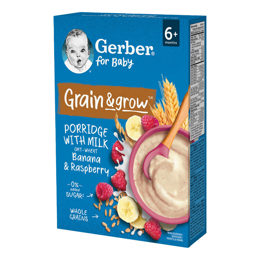 Gerber Grain &amp; Grow Terci de ovăz și grâu, banane, zmeură, lapte, fără zahăr adăugat, după 6 luni, 200 g