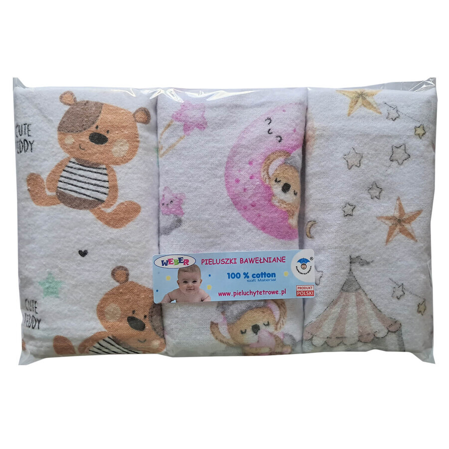 Weber flannel diapers, 70 x 80 cm, 100% cotton, colored, 3 pieces