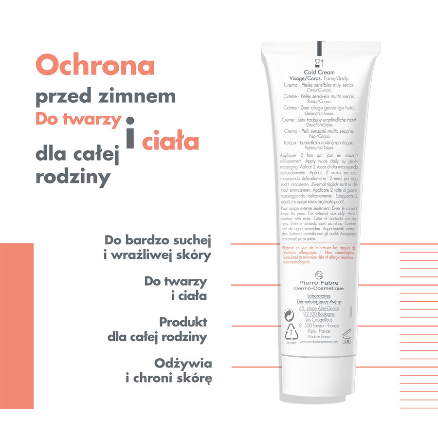 Avene Cold Cream, crema viso e corpo, pelle sensibile e molto secca, 40 ml