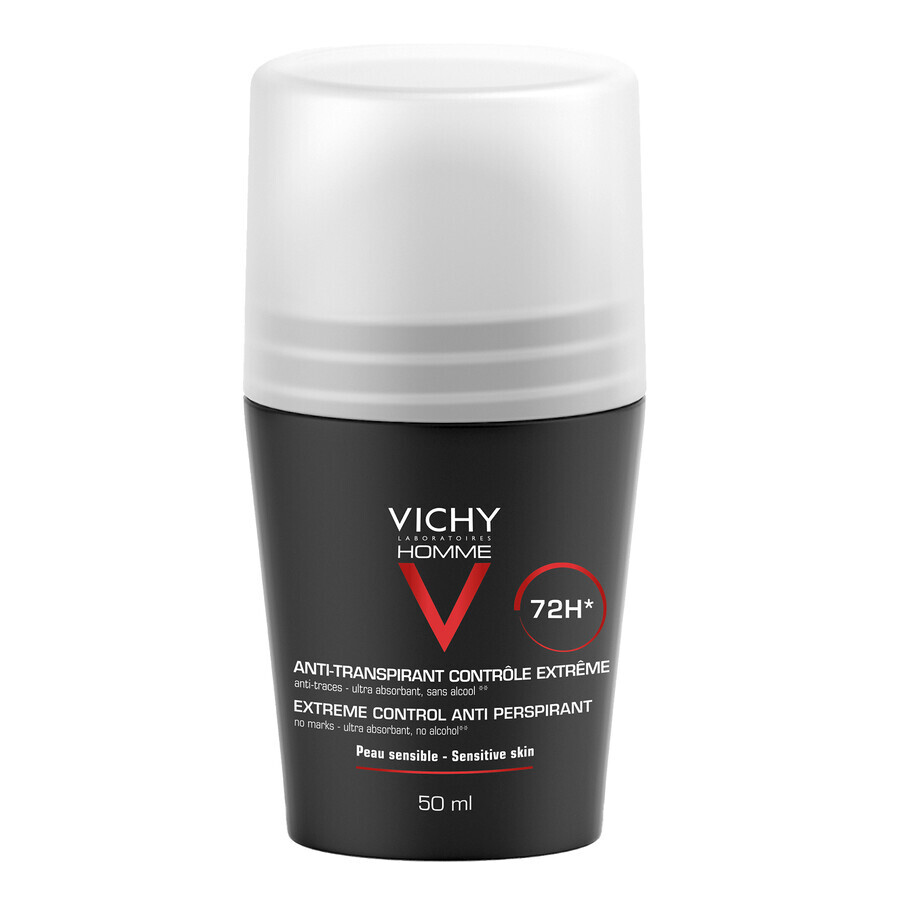 Vichy Homme, antitraspirante roll-on per uomo, protezione di 72 ore, 50 ml