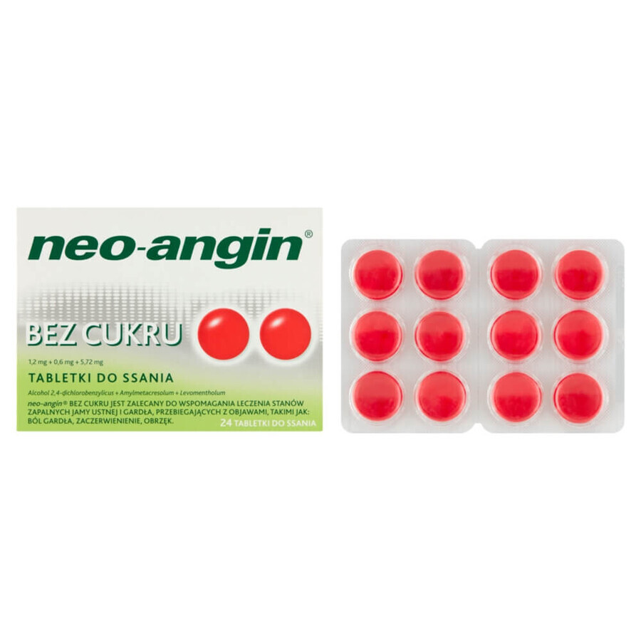 Neo-Angin fără zahăr 1,2 mg + 0,6 mg + 5,72 mg, 24 pastile