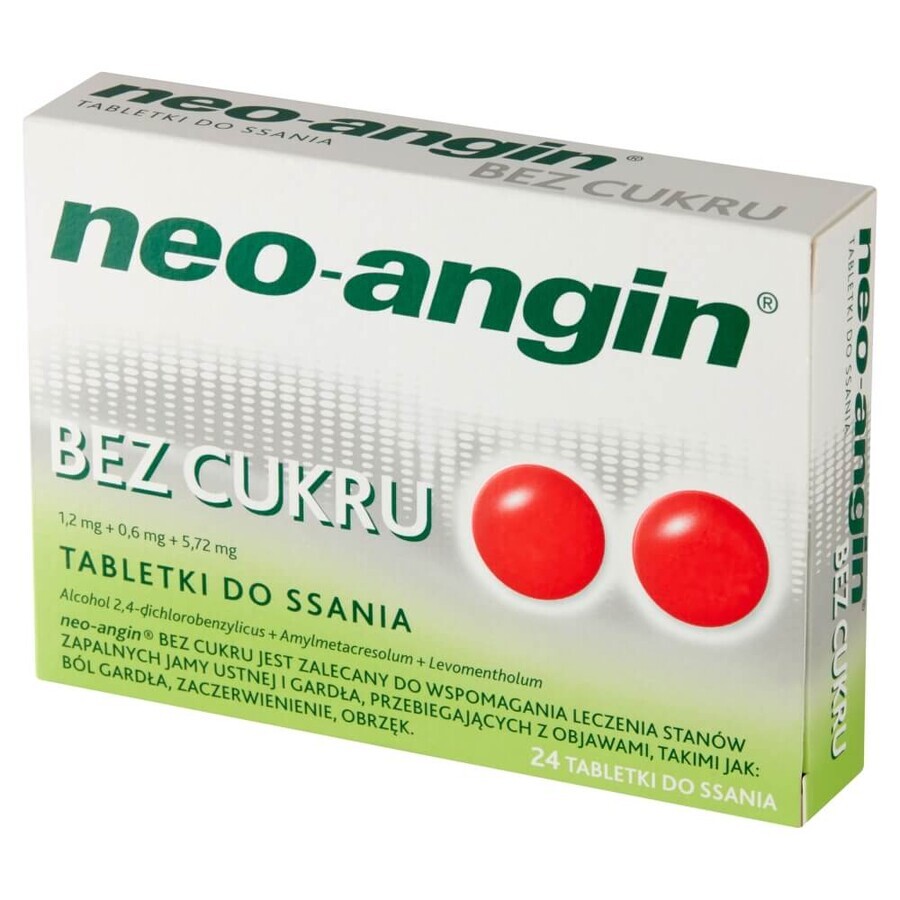 Neo-Angin fără zahăr 1,2 mg + 0,6 mg + 5,72 mg, 24 pastile