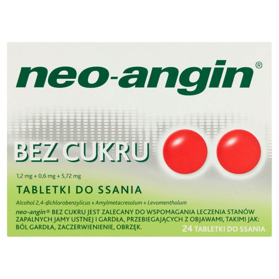 Neo-Angin fără zahăr 1,2 mg + 0,6 mg + 5,72 mg, 24 pastile