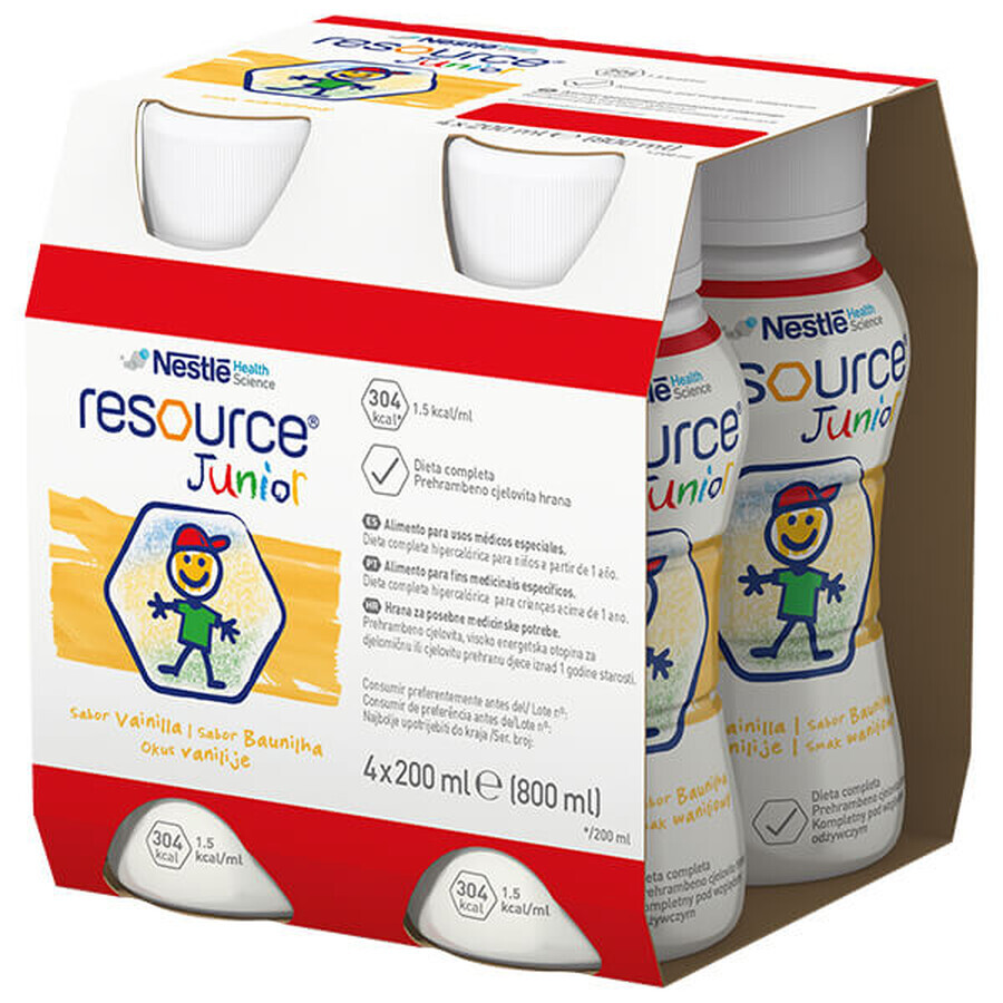 Resource Junior, preparazione nutrizionale oltre 1 anno, gusto vaniglia, 4 x 200 ml 