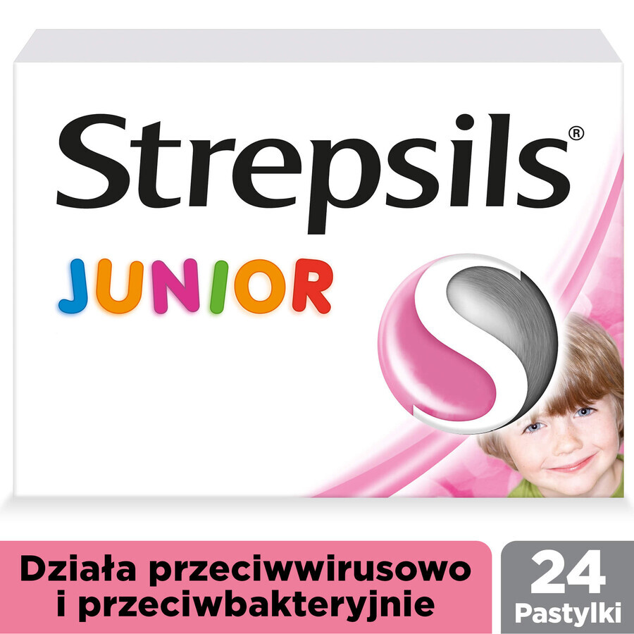 Strepsils Junior 1.2 mg + 0.6 mg, sugar-free, strawberry flavor, 24 tablets