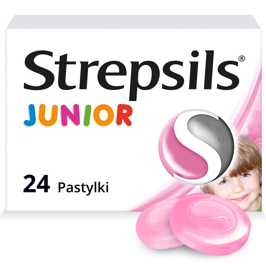 Strepsils Junior 1.2 mg + 0.6 mg, sugar-free, strawberry flavor, 24 tablets