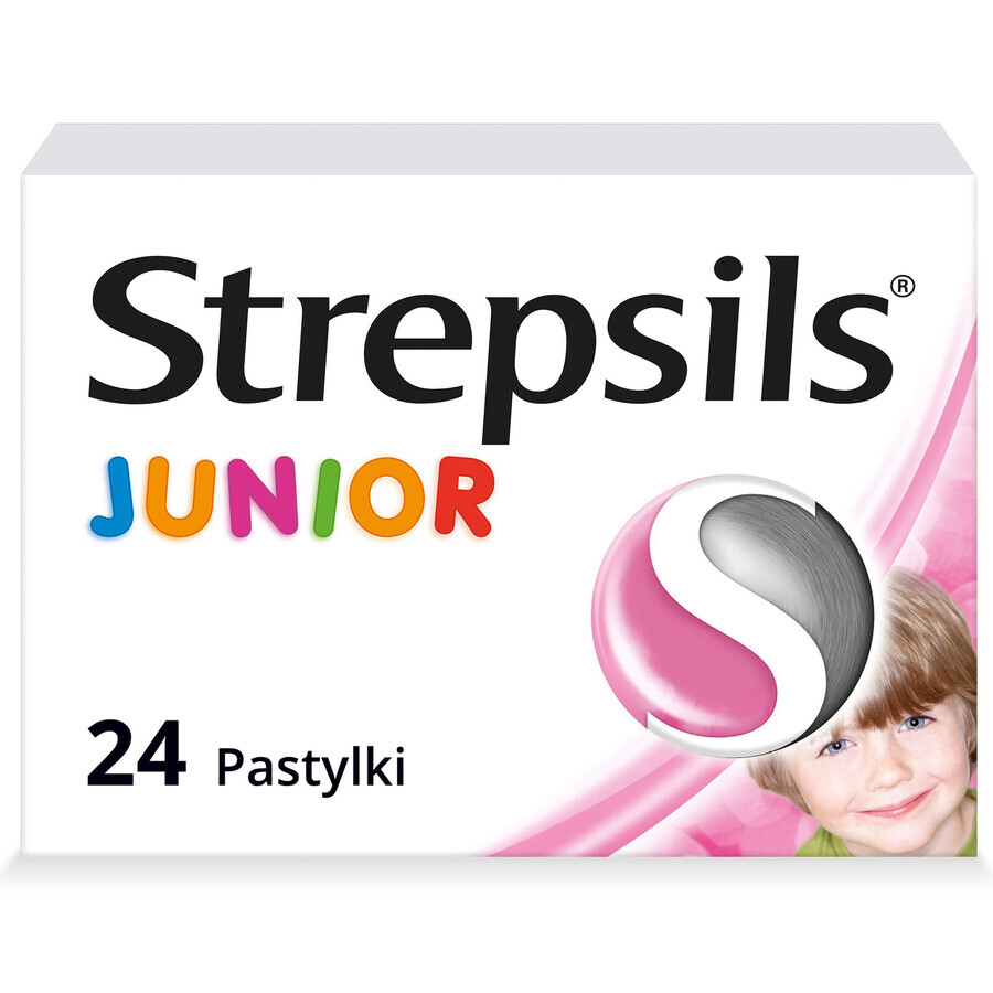 Strepsils Junior 1.2 mg + 0.6 mg, sugar-free, strawberry flavor, 24 tablets