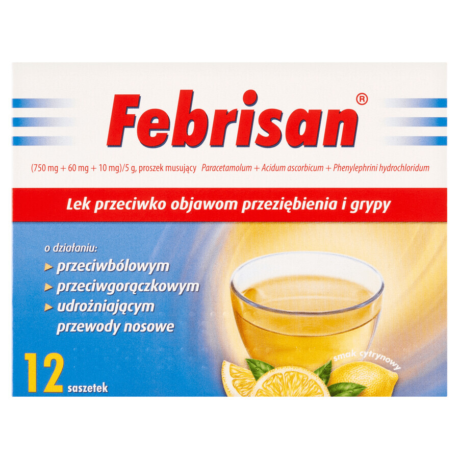 Febrisan (750 mg + 60 mg + 10 mg)/ 5 g, polvo efervescente, 12 sobres