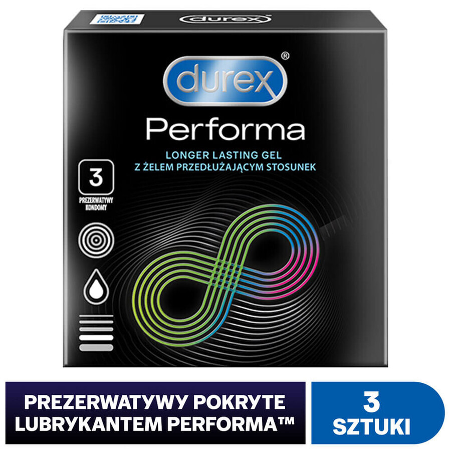 Durex Performa, préservatifs avec lubrifiant prolongateur de rapports sexuels, 3 pièces