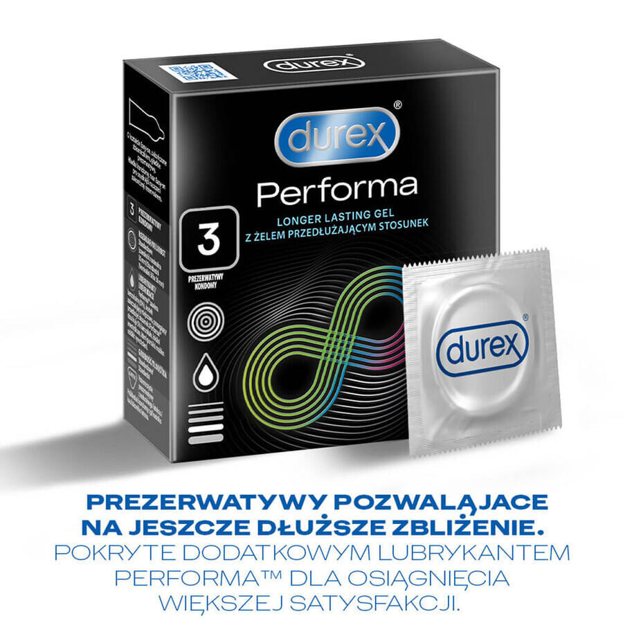 Durex Performa, préservatifs avec lubrifiant prolongateur de rapports sexuels, 3 pièces