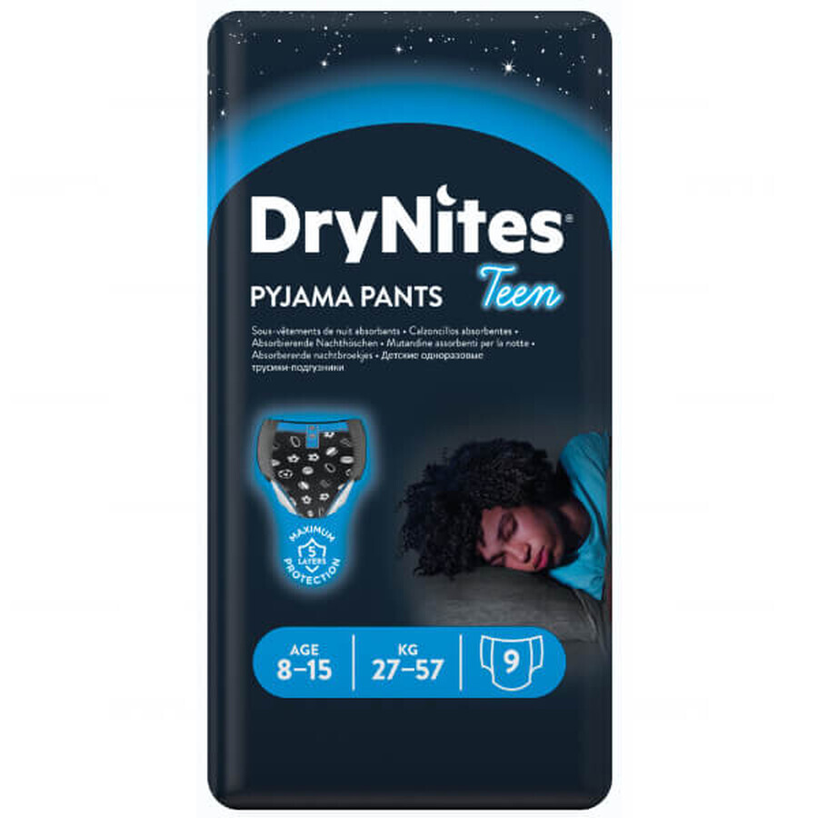 Huggies DryNites, slip notturni per ragazzi, 8-15 anni, 27-57 kg, 9 pezzi