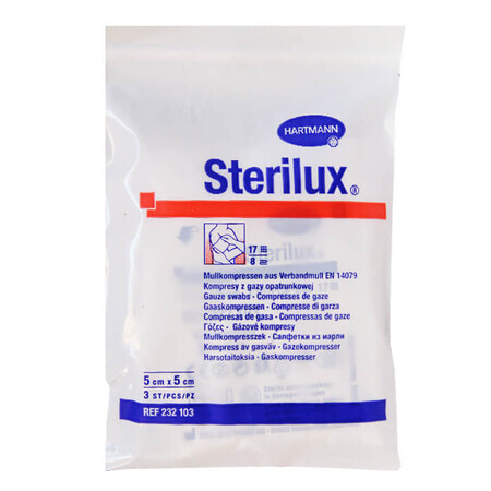 Sterilux, tamponi di garza sterili, 17 fili, 8 strati, 5 cm x 5 cm, 3 pz.