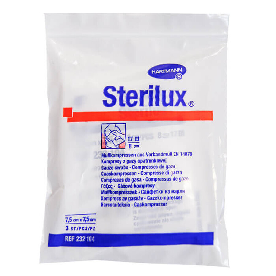 Sterilux, tamponi di garza sterile, 17 fili, 8 strati, 7,5 cm x 7,5 cm, 3 pezzi