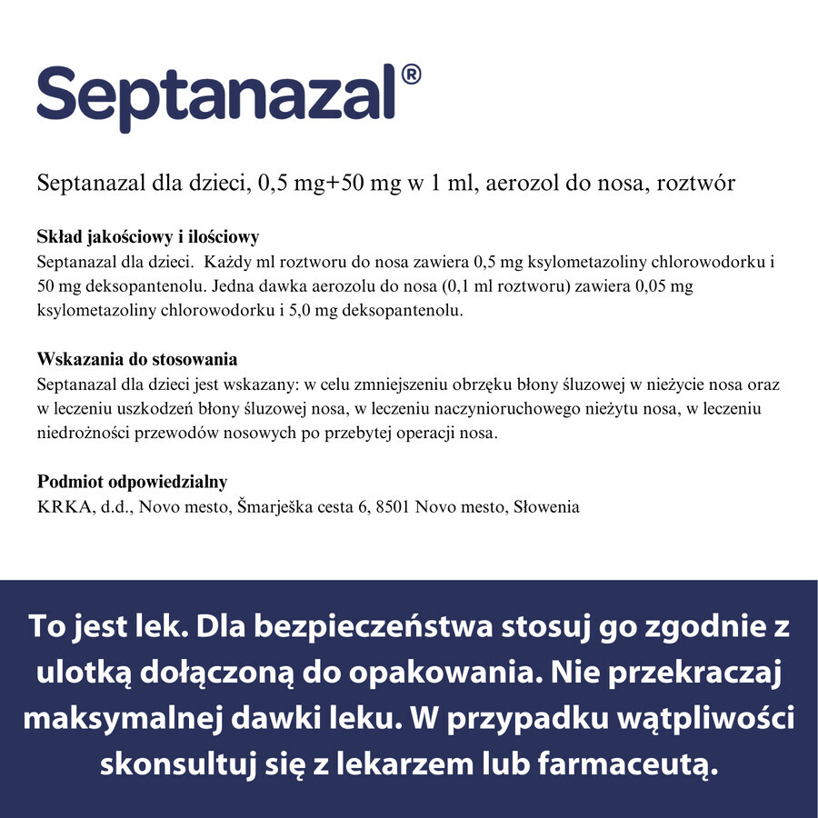 SeptaNazal per bambini (0,5 mg + 50 mg)/ ml, spray nasale, da 2 a 6 anni di età, 10 ml