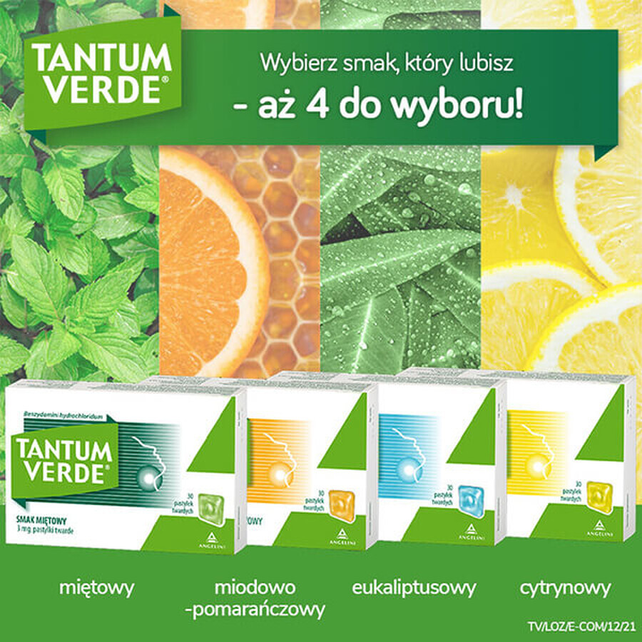 Tantum Verde 3 mg, honey and orange flavor, 30 hard tablets