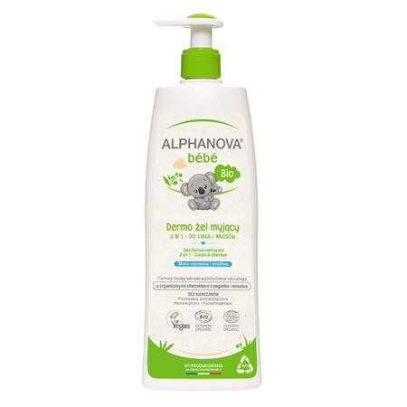 Alphanova Bebe, dermo-gel per il lavaggio di corpo e capelli, naturale, con pompa, 500 ml