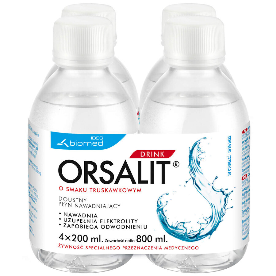 Orsalit Drink, liquido orale reidratante per bambini sopra i 3 anni, gusto fragola, 4 x 200 ml