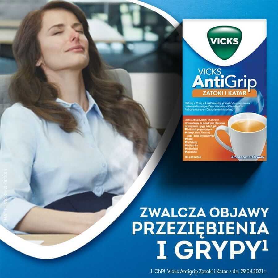 Vicks AntiGrip Zatoki i Katary 650 mg + 16 mg + 4 mg, granuli per soluzione orale, 10 bustine