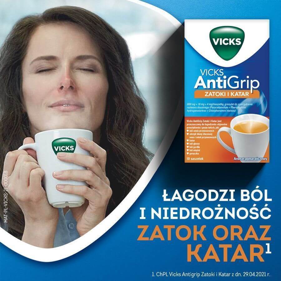 Vicks AntiGrip Zatoki i Katary 650 mg + 16 mg + 4 mg, granuli per soluzione orale, 10 bustine