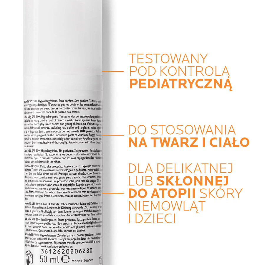 La Roche-Posay Anthelios Dermo-Pediatrics, latte protettivo per viso e corpo dai 6 mesi, SPF 50+, 50 ml