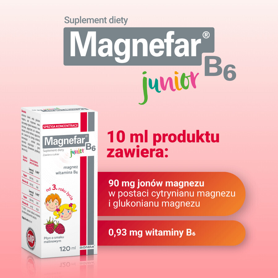 Magnefar B6 Junior, lichid pentru copii de la 3 ani și adulți, aromă de zmeură, 120 ml