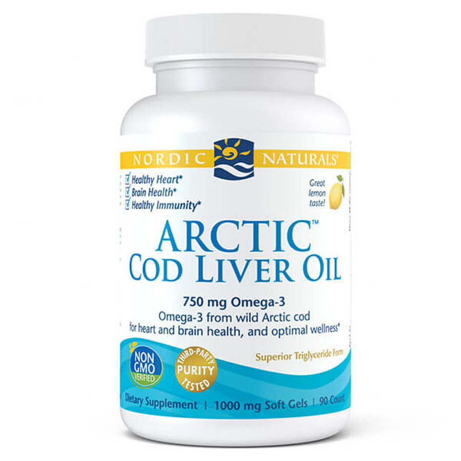 Nordic Naturals Aceite de hígado de bacalao ártico, sabor limón, 90 cápsulas