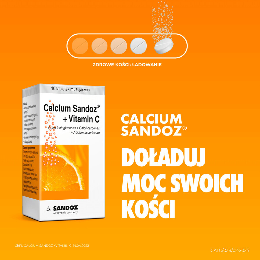 Calcio Sandoz + Vitamina C 260 mg + 1000 mg, gusto arancia, 10 compresse effervescenti