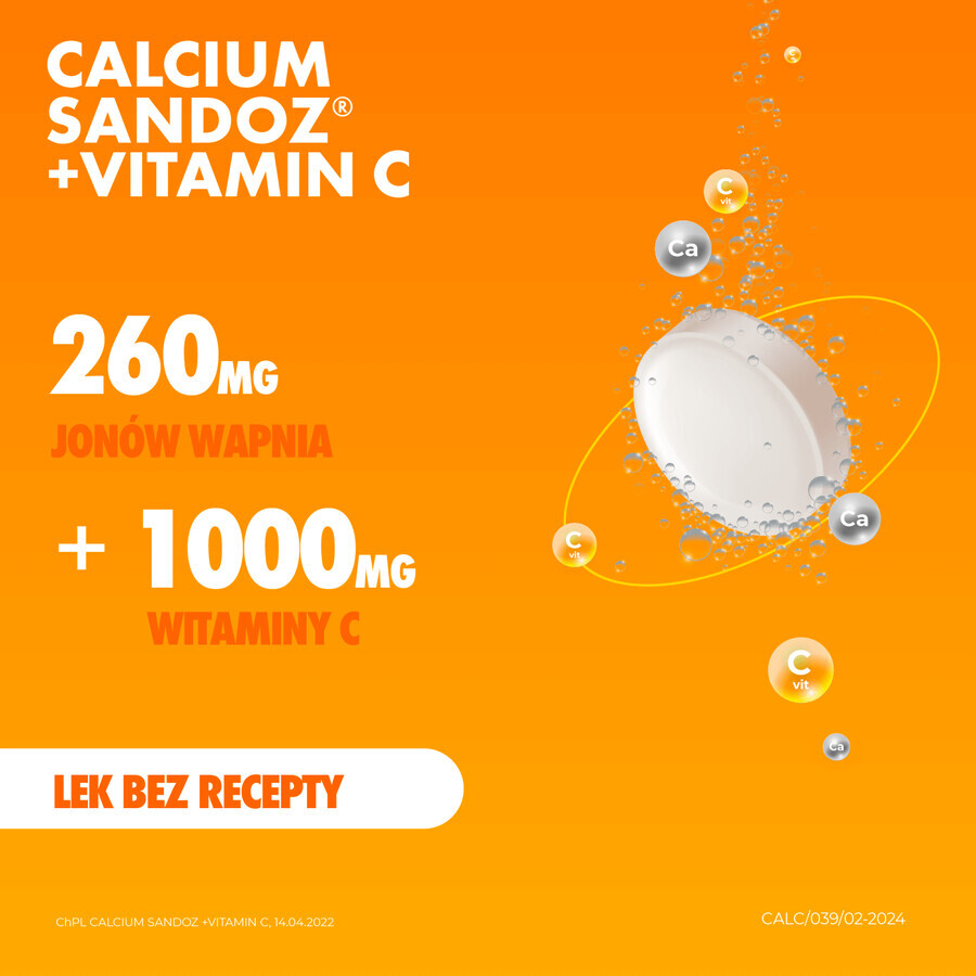 Calcio Sandoz + Vitamina C 260 mg + 1000 mg, gusto arancia, 10 compresse effervescenti