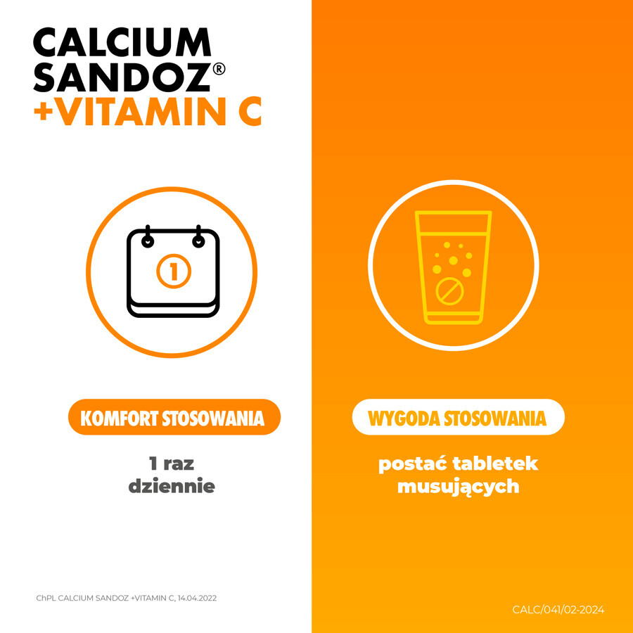 Calcio Sandoz + Vitamina C 260 mg + 1000 mg, gusto arancia, 10 compresse effervescenti