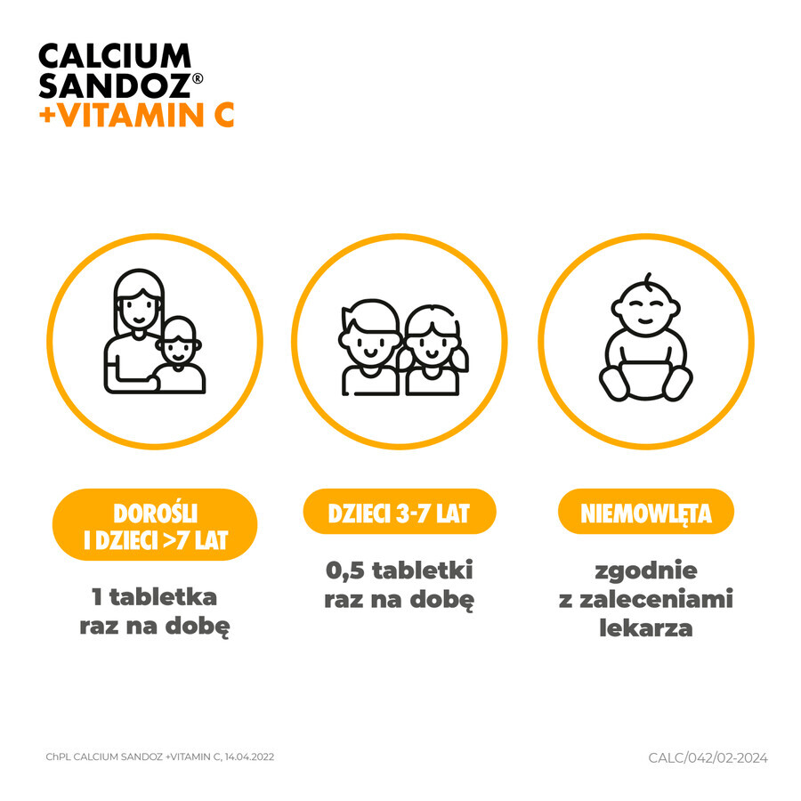 Calcio Sandoz + Vitamina C 260 mg + 1000 mg, gusto arancia, 10 compresse effervescenti