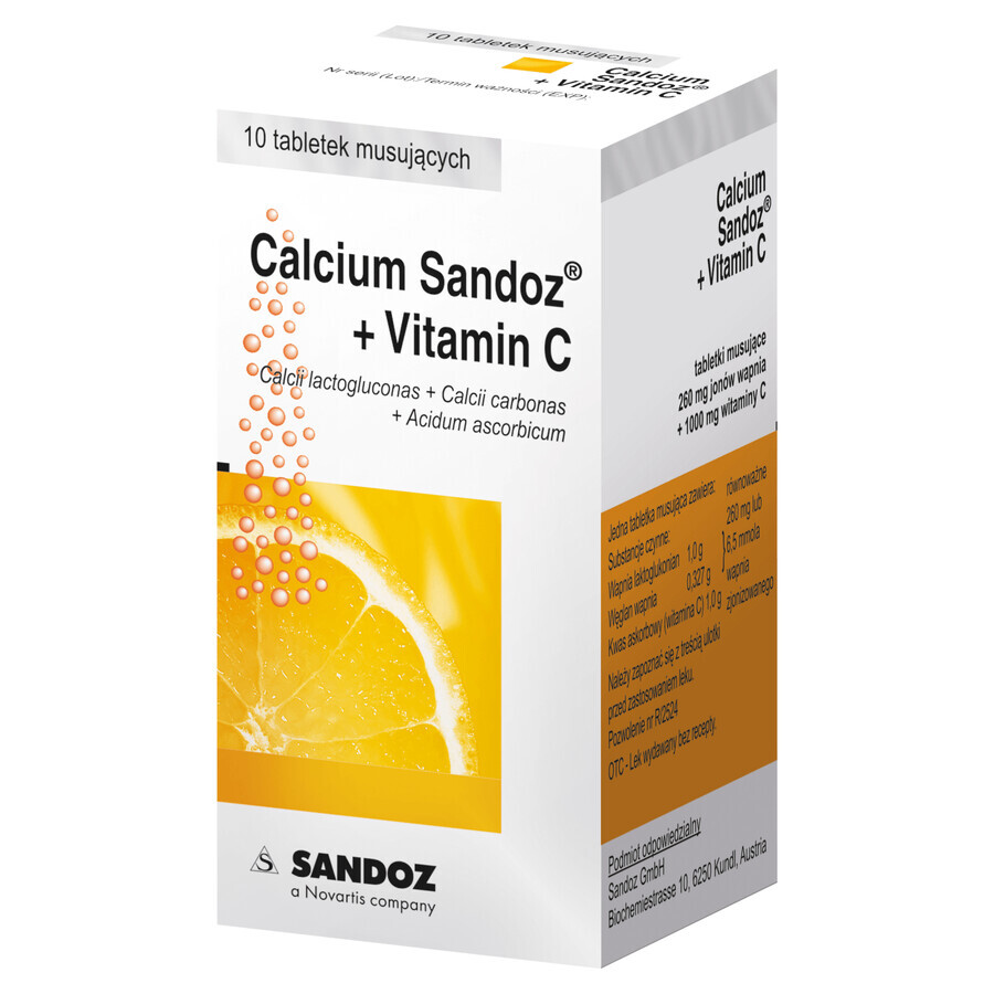 Calcio Sandoz + Vitamina C 260 mg + 1000 mg, gusto arancia, 10 compresse effervescenti