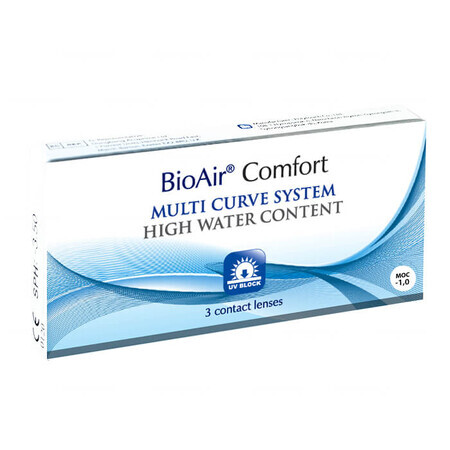 BioAir Comfort, lentes de contacto, 30 días, -1,00, 3 piezas