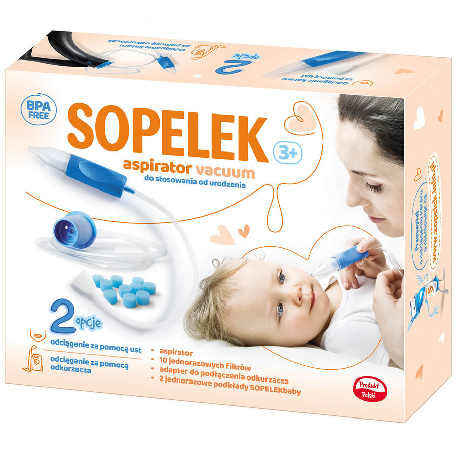 Sopelek 3+, aspiratore nasale, dalla nascita, aspiratore + adattatore + filtri per aspiratore, monouso, 10 pezzi + assorbenti igienici, 2 pezzi