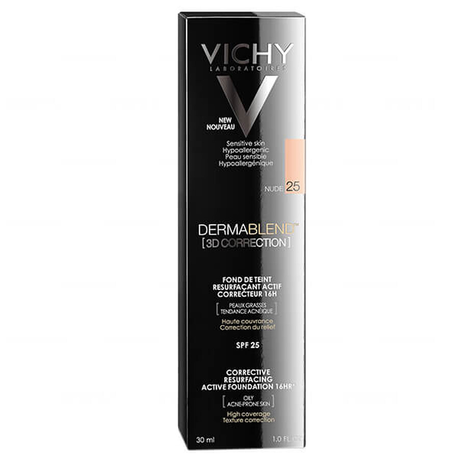 Vichy Dermablend Correzione 3D, fondotinta livellante della superficie cutanea, n. 25, Nude, 30 ml